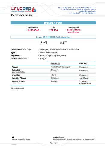 pNAPEP-9502 Chromogenic Substrate for FIXa Certificate of analysis
